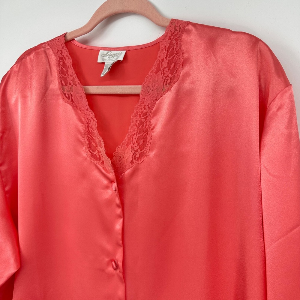 Nordstrom Lingerie Satin Sleep Shirt XL Coral Button Front Lounge Tunic NWT - Picture 2 of 9